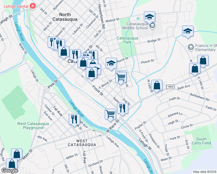 map of restaurants, bars, coffee shops, grocery stores, and more near 224 Railroad Street in Catasauqua