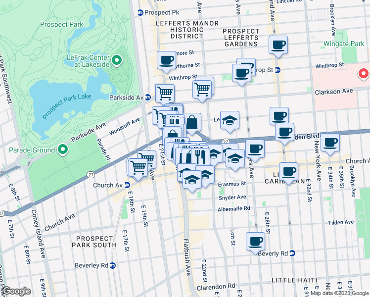 map of restaurants, bars, coffee shops, grocery stores, and more near 22 Linden Boulevard in Brooklyn