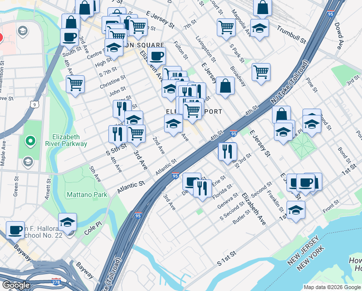 map of restaurants, bars, coffee shops, grocery stores, and more near 28 Rankin Street in Elizabeth