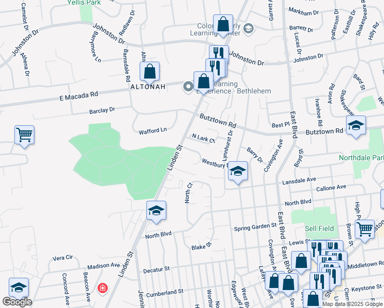 map of restaurants, bars, coffee shops, grocery stores, and more near 1045 Westbury Circle in Bethlehem