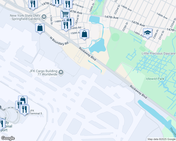 map of restaurants, bars, coffee shops, grocery stores, and more near Eastern Road in Queens