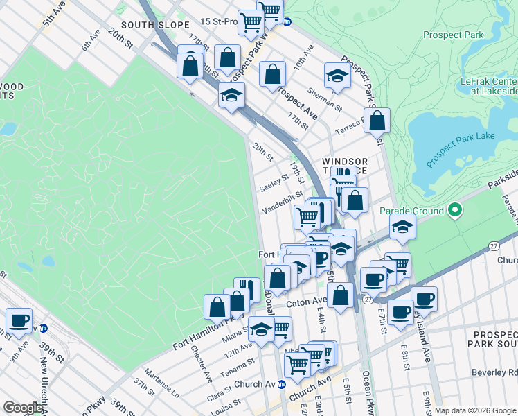 map of restaurants, bars, coffee shops, grocery stores, and more near 117 McDonald Avenue in Brooklyn