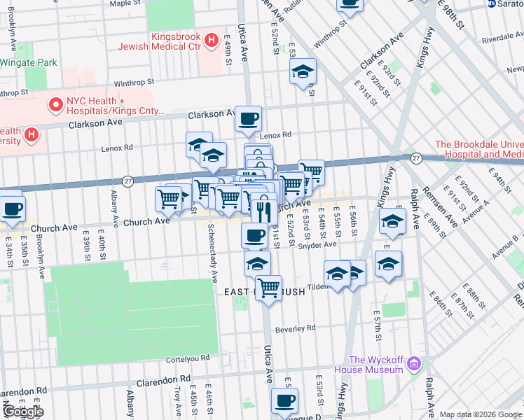 map of restaurants, bars, coffee shops, grocery stores, and more near 919 Utica Avenue in Brooklyn