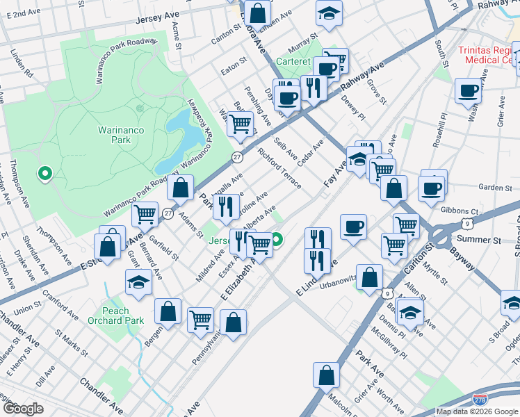 map of restaurants, bars, coffee shops, grocery stores, and more near 2040 Alberta Avenue in Linden