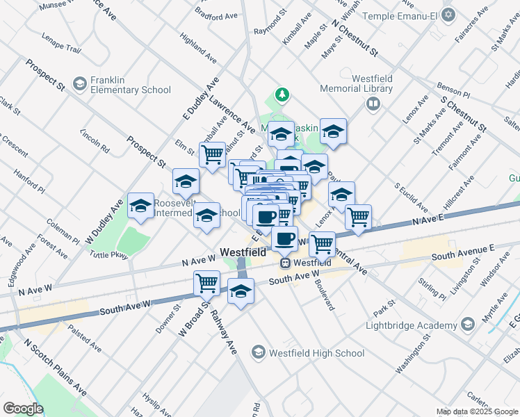map of restaurants, bars, coffee shops, grocery stores, and more near 143 East Broad Street in Westfield