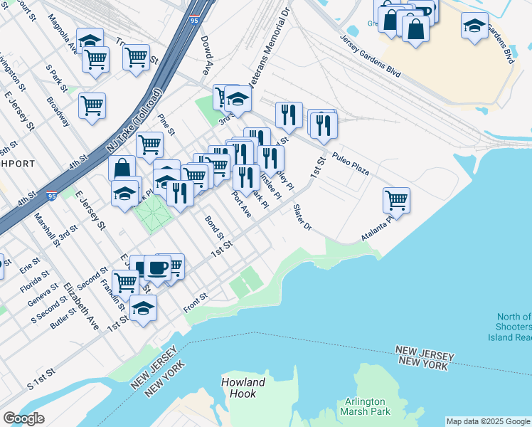 map of restaurants, bars, coffee shops, grocery stores, and more near 100 Clark Place in Elizabeth