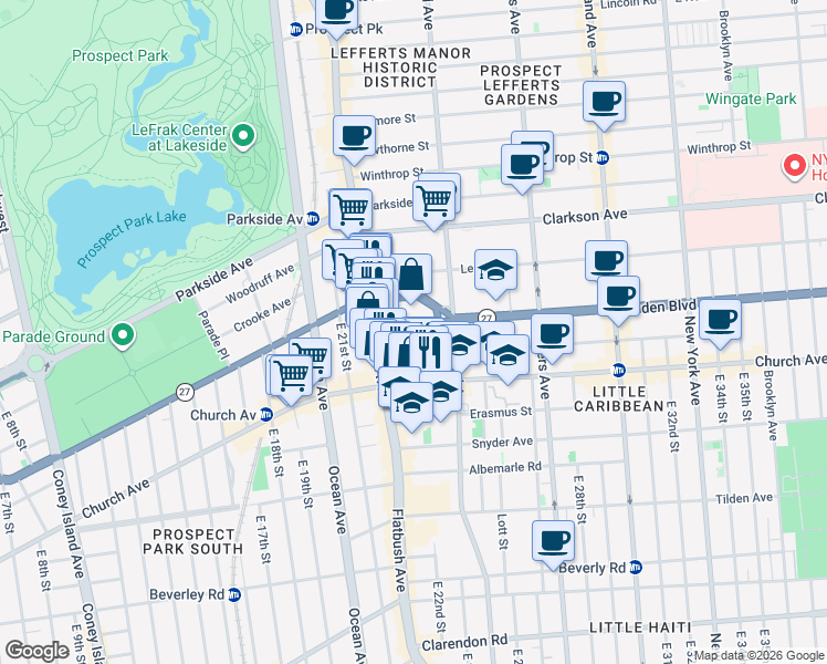 map of restaurants, bars, coffee shops, grocery stores, and more near 40 Linden Boulevard in Brooklyn