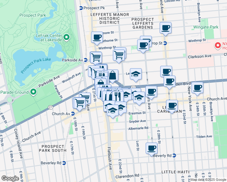 map of restaurants, bars, coffee shops, grocery stores, and more near 40 Linden Boulevard in Brooklyn