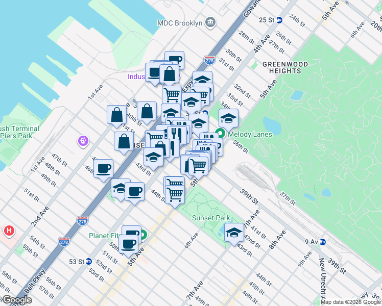 map of restaurants, bars, coffee shops, grocery stores, and more near 432 39th Street in Brooklyn