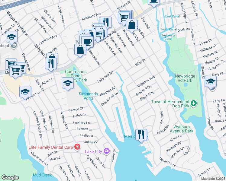 map of restaurants, bars, coffee shops, grocery stores, and more near 2787 Bay Drive in Merrick