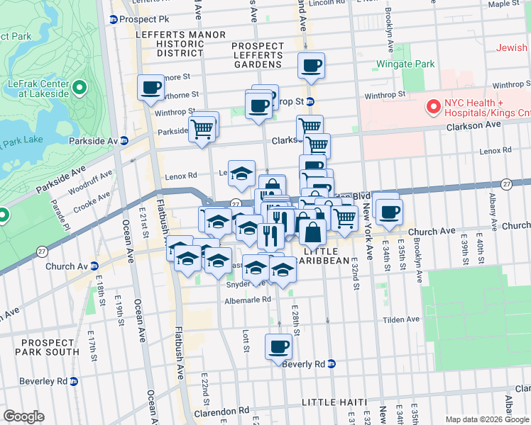 map of restaurants, bars, coffee shops, grocery stores, and more near 776 Rogers Avenue in Brooklyn
