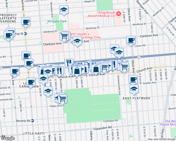 map of restaurants, bars, coffee shops, grocery stores, and more near 4015 Church Avenue in Brooklyn