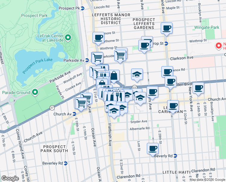 map of restaurants, bars, coffee shops, grocery stores, and more near 30 Linden Boulevard in Brooklyn