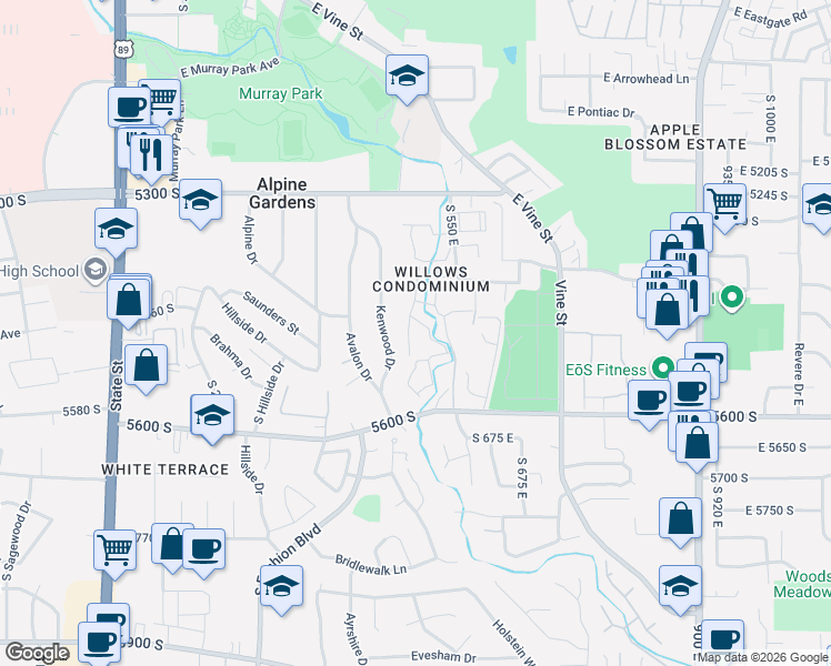map of restaurants, bars, coffee shops, grocery stores, and more near 5505 South Willow Lane in Murray