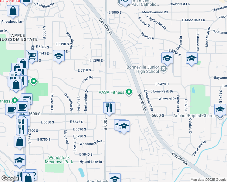 map of restaurants, bars, coffee shops, grocery stores, and more near 1344 Merritt Circle in Salt Lake City
