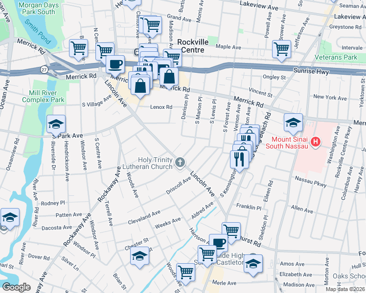 map of restaurants, bars, coffee shops, grocery stores, and more near 4 McGann Drive in Rockville Centre