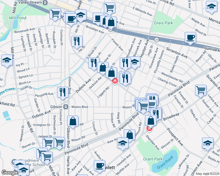 map of restaurants, bars, coffee shops, grocery stores, and more near 32 Gordon Road in Valley Stream