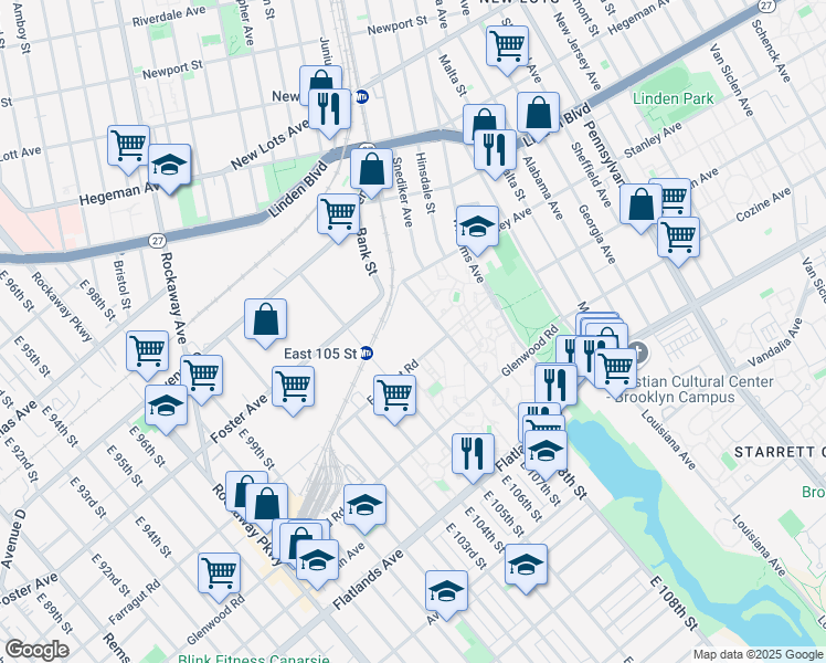 map of restaurants, bars, coffee shops, grocery stores, and more near 570 East 108th Street in Brooklyn