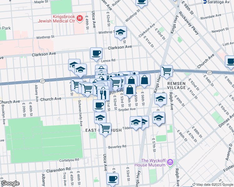 map of restaurants, bars, coffee shops, grocery stores, and more near 340 East 53rd Street in Brooklyn