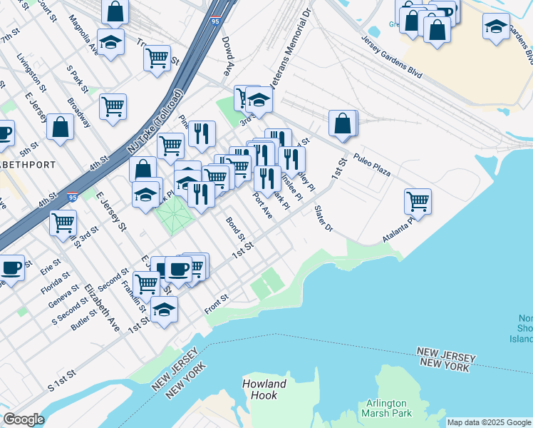 map of restaurants, bars, coffee shops, grocery stores, and more near 111 Pine Street in Elizabeth