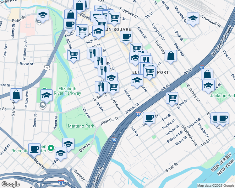 map of restaurants, bars, coffee shops, grocery stores, and more near 230 Loomis Street in Elizabeth