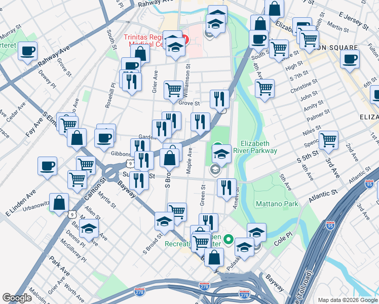 map of restaurants, bars, coffee shops, grocery stores, and more near 534 Maple Avenue in Elizabeth
