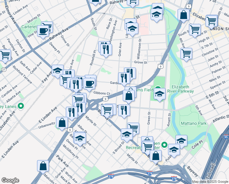 map of restaurants, bars, coffee shops, grocery stores, and more near 828 U.S. 9 in Elizabeth