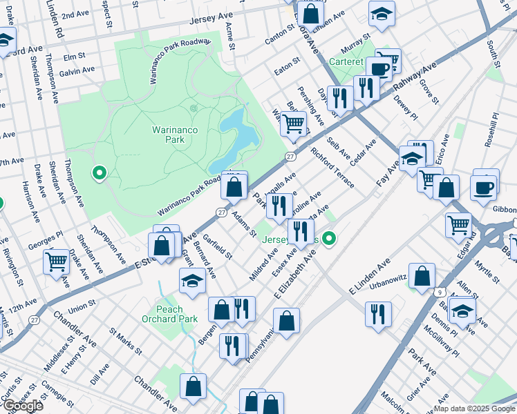 map of restaurants, bars, coffee shops, grocery stores, and more near 415 Park Avenue in Linden