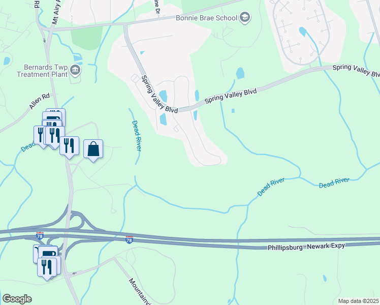 map of restaurants, bars, coffee shops, grocery stores, and more near 349 Penns Way in Basking Ridge