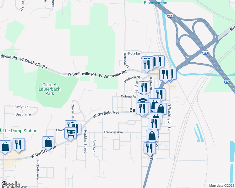 map of restaurants, bars, coffee shops, grocery stores, and more near 5903 Madison Street in Bartonville