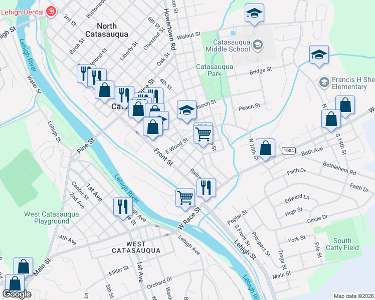 map of restaurants, bars, coffee shops, grocery stores, and more near in Catasauqua