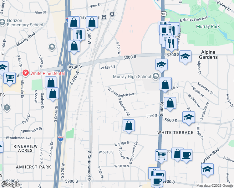 map of restaurants, bars, coffee shops, grocery stores, and more near 132 West Washington Avenue in Murray