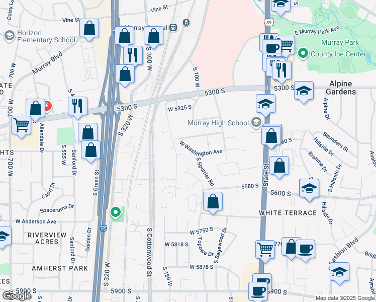 map of restaurants, bars, coffee shops, grocery stores, and more near 143 West Washington Avenue in Murray