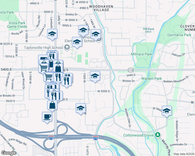 map of restaurants, bars, coffee shops, grocery stores, and more near 1377 West Break Water Drive in Taylorsville