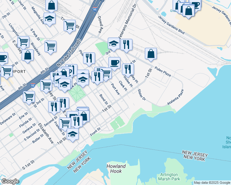 map of restaurants, bars, coffee shops, grocery stores, and more near 120 Port Avenue in Elizabeth