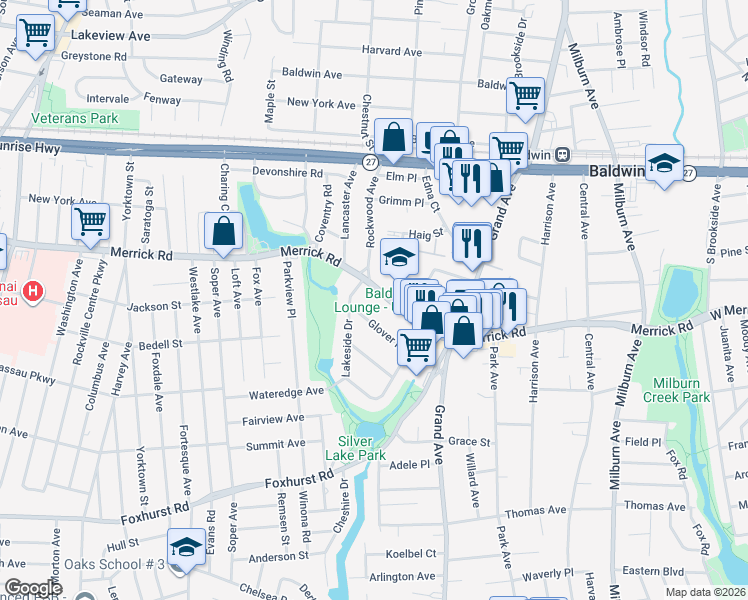 map of restaurants, bars, coffee shops, grocery stores, and more near 700 Merrick Road in Baldwin