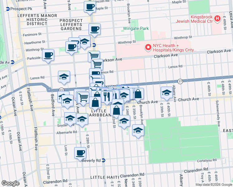 map of restaurants, bars, coffee shops, grocery stores, and more near 882 New York Avenue in Brooklyn