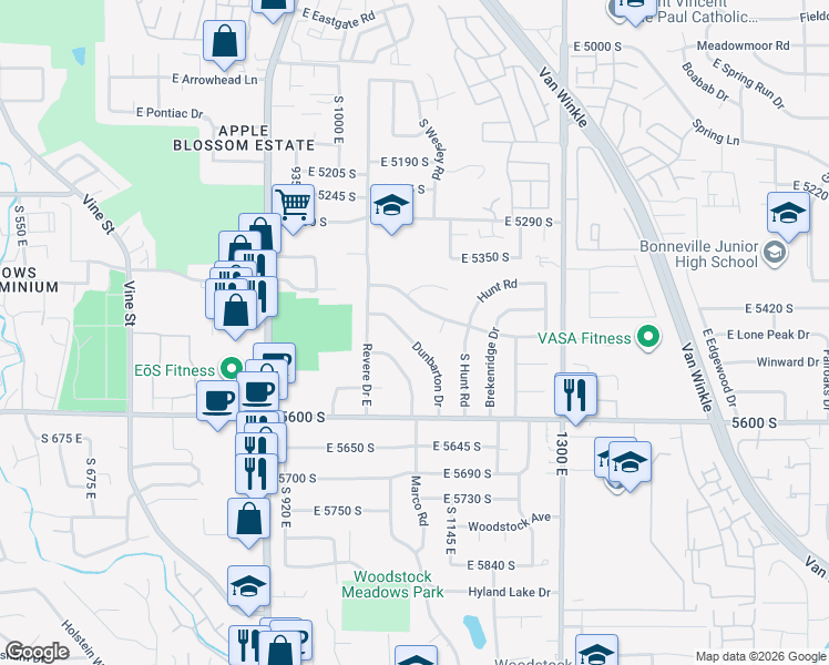 map of restaurants, bars, coffee shops, grocery stores, and more near 5471 South Dunbarton Drive in Salt Lake City