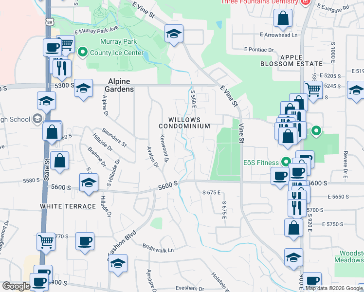 map of restaurants, bars, coffee shops, grocery stores, and more near 5508 South Willow Lane in Murray