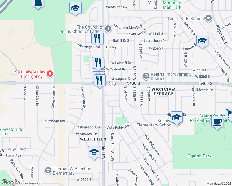 map of restaurants, bars, coffee shops, grocery stores, and more near 5527 West Highwood Drive in Kearns
