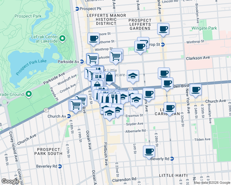 map of restaurants, bars, coffee shops, grocery stores, and more near 60 Linden Boulevard in Brooklyn