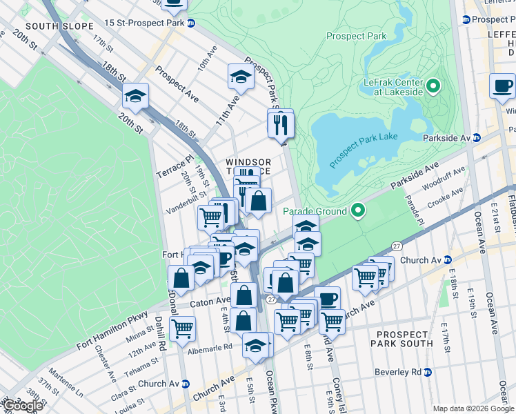 map of restaurants, bars, coffee shops, grocery stores, and more near Fort Hamilton Parkway in Brooklyn