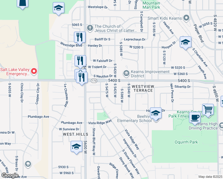 map of restaurants, bars, coffee shops, grocery stores, and more near 5441 West 5440 South in Kearns