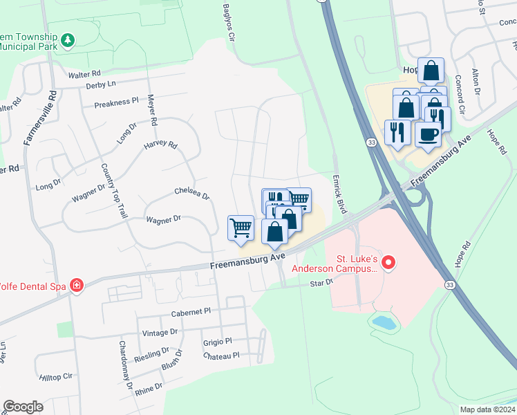 map of restaurants, bars, coffee shops, grocery stores, and more near 4773 Freemansburg Avenue in Easton