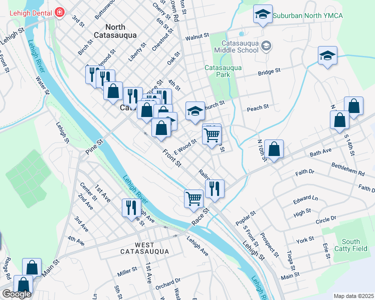 map of restaurants, bars, coffee shops, grocery stores, and more near 232 2nd Street in Catasauqua