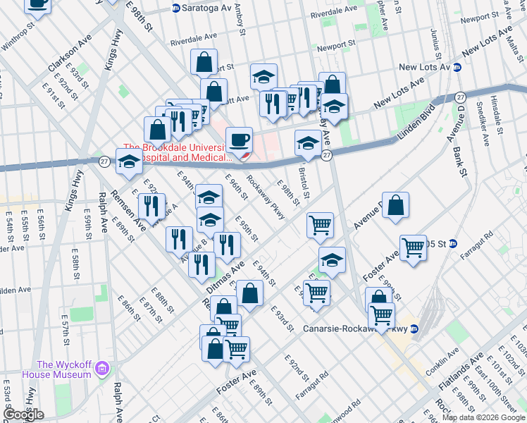 map of restaurants, bars, coffee shops, grocery stores, and more near 718 East 96th Street in Brooklyn