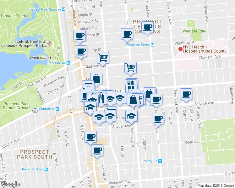 map of restaurants, bars, coffee shops, grocery stores, and more near 106 Linden Boulevard in Brooklyn