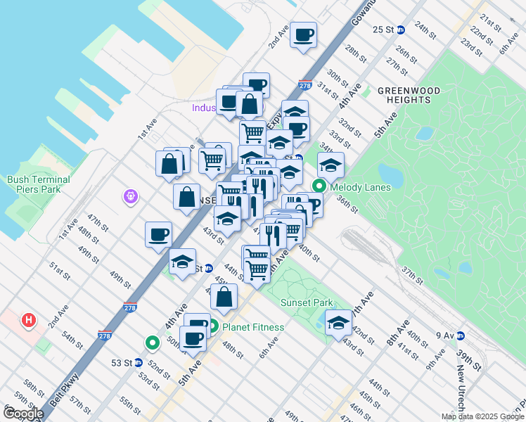 map of restaurants, bars, coffee shops, grocery stores, and more near 3921 4th Avenue in Brooklyn