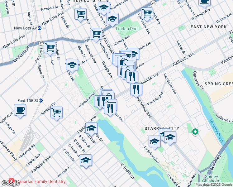 map of restaurants, bars, coffee shops, grocery stores, and more near 12049 Flatlands Avenue in Brooklyn