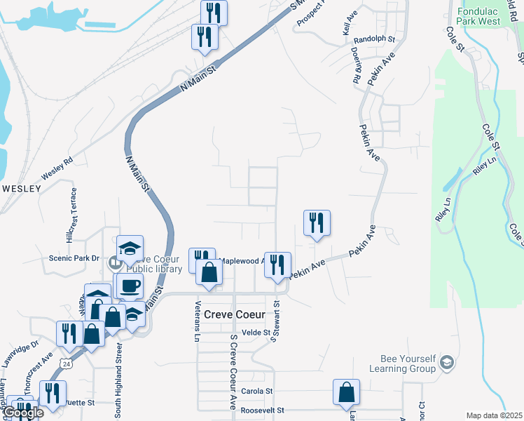 map of restaurants, bars, coffee shops, grocery stores, and more near 426-498 Smith Street in Creve Coeur